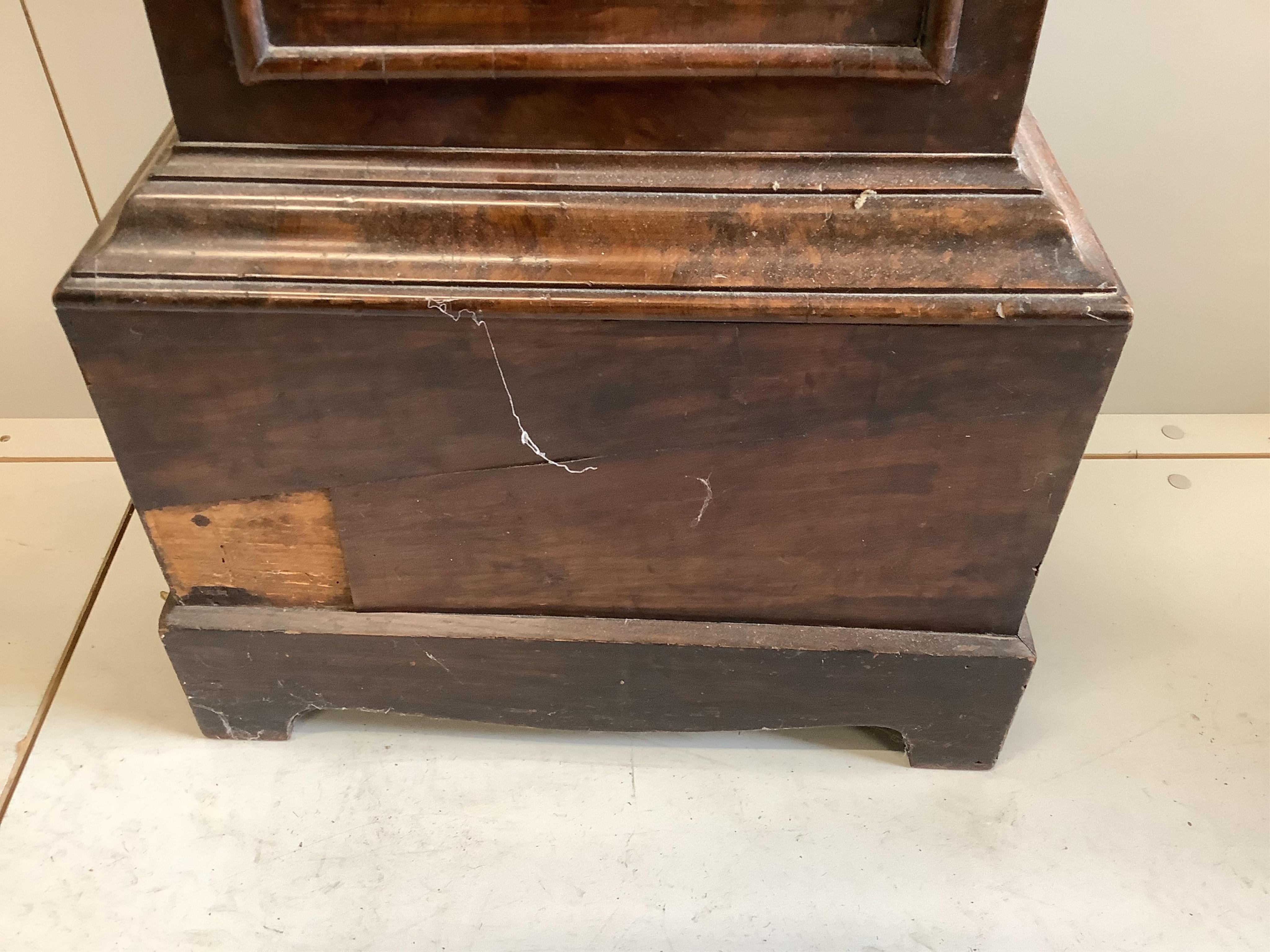 Edward Faulkner, London, a George III burr walnut cased eight day longcase clock, with an arched brass and silvered dial, height 213cm, Plinth reduced. Condition - poor